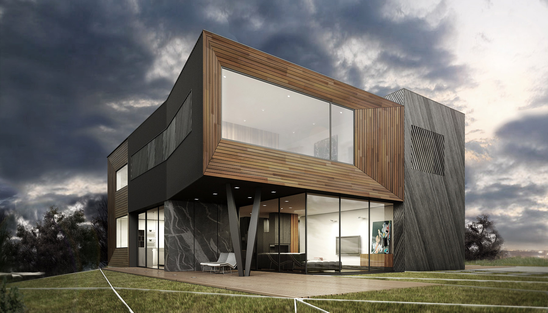 Lumar Blackline — Fassade mit Holz- und Anthrazitkubatur